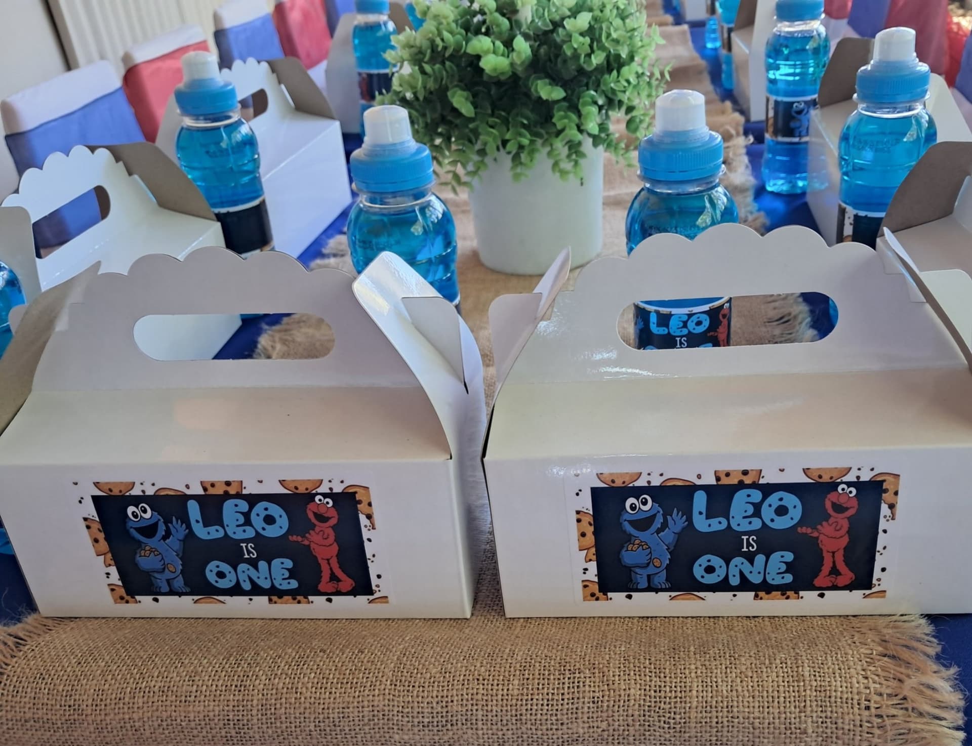 Sesame Street themed party pack boxes with Cookie Monster and Elmo designs